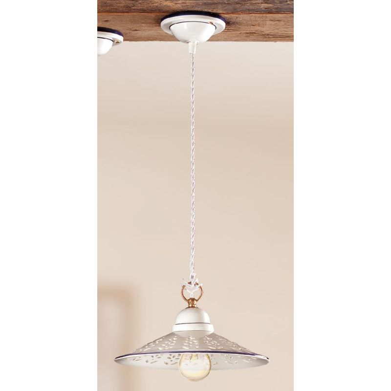 2020.3 SOSPENSIONE SINGOLA D28 CM IN TERRACOTTA BIANCA LUCIDA TRAFORATA CON BORDO DECORATO MADE IN ITALY CRISTALENSI CERAMICA -