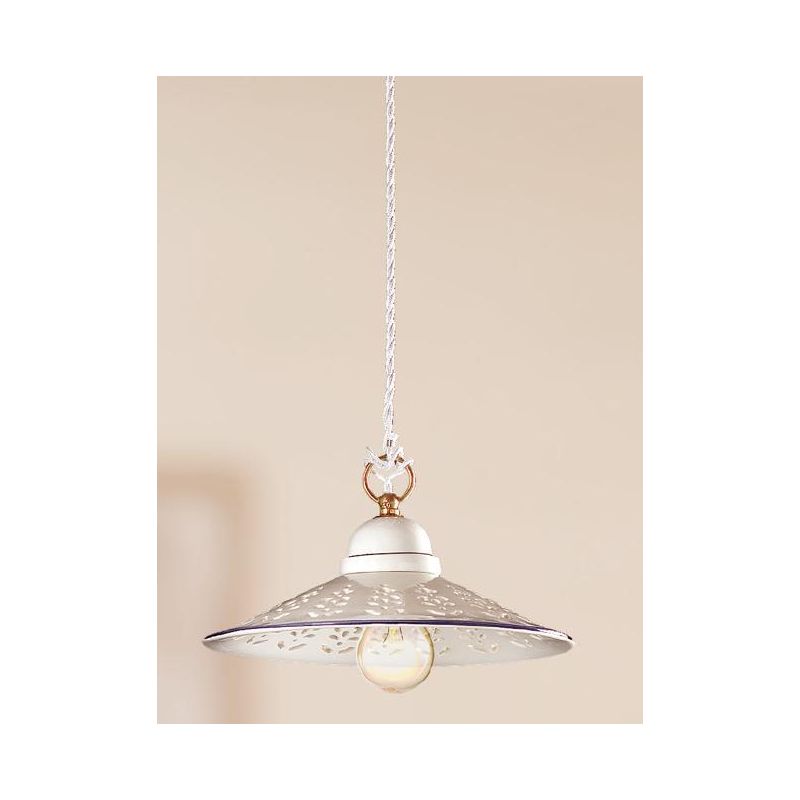 2020.3 SOSPENSIONE SINGOLA D28 CM IN TERRACOTTA BIANCA LUCIDA TRAFORATA CON BORDO DECORATO MADE IN ITALY CRISTALENSI CERAMICA -