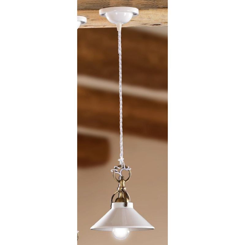 2212.4 SOSPENSIONE SINGOLA D18.5 CM DIFFUSORE CONICO IN TERRACOTTA BIANCA LUCIDA E GABBIA IN OTTONE MADE IN ITALY CRISTALENSI CE