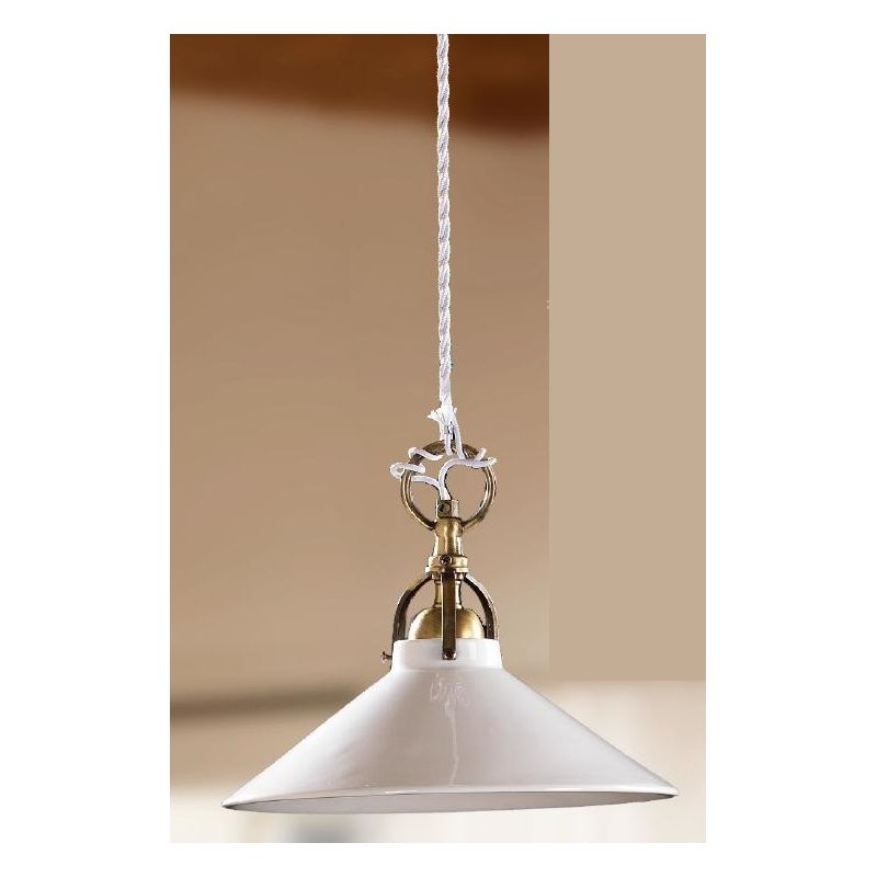 2212.3 SOSPENSIONE SINGOLA D26 CM DIFFUSORE CONICO IN TERRACOTTA BIANCA LUCIDA E GABBIA IN OTTONE MADE IN ITALY CRISTALENSI CERA