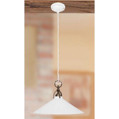 2212.2 SOSPENSIONE SINGOLA D35 CM DIFFUSORE CONICO IN TERRACOTTA BIANCA LUCIDA E GABBIA IN OTTONE MADE IN ITALY CRISTALENSI CERA