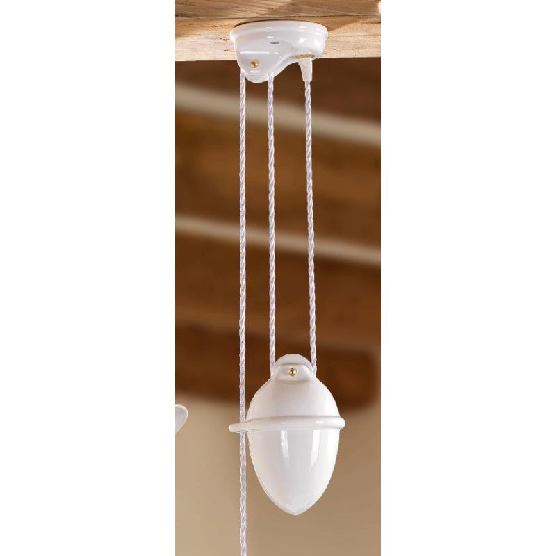 2212.1 SOSPENSIONE SALISCENDI D35 CM DIFFUSORE CONICO IN TERRACOTTA BIANCA LUCIDA E GABBIA IN OTTONE MADE IN ITALY CRISTALENSI C