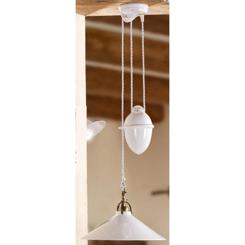 2212.1 SOSPENSIONE SALISCENDI D35 CM DIFFUSORE CONICO IN TERRACOTTA BIANCA LUCIDA E GABBIA IN OTTONE MADE IN ITALY CRISTALENSI C