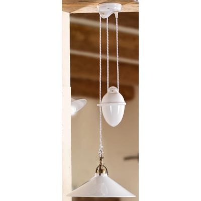 2212.1 SOSPENSIONE SALISCENDI D35 CM DIFFUSORE CONICO IN TERRACOTTA BIANCA LUCIDA E GABBIA IN OTTONE MADE IN ITALY CRISTALENSI C