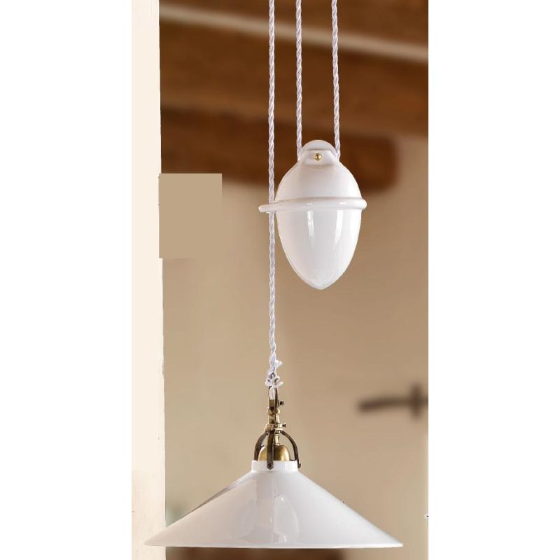 2212.1 SOSPENSIONE SALISCENDI D35 CM DIFFUSORE CONICO IN TERRACOTTA BIANCA LUCIDA E GABBIA IN OTTONE MADE IN ITALY CRISTALENSI C