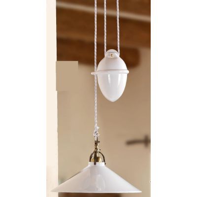 2212.1 SOSPENSIONE SALISCENDI D35 CM DIFFUSORE CONICO IN TERRACOTTA BIANCA LUCIDA E GABBIA IN OTTONE MADE IN ITALY CRISTALENSI C