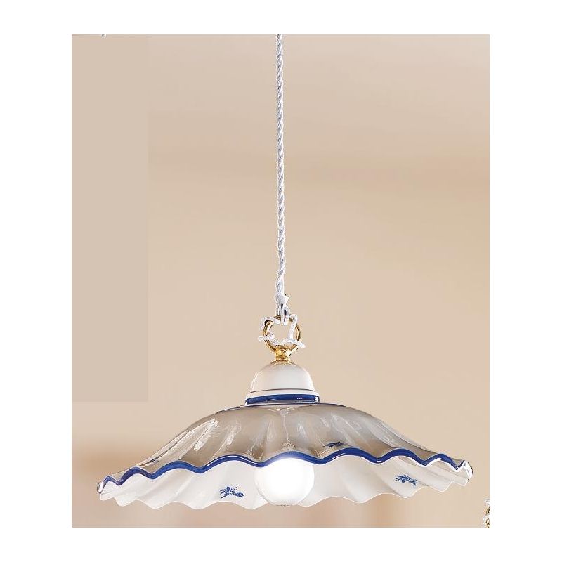 2211.2 SOSPENSIONE SINGOLA RUSTICA D38 CM IN TERRACOTTA BIANCA LUCIDA DECORATA MADE IN ITALY CRISTALENSI CERAMICA - Cristalensi