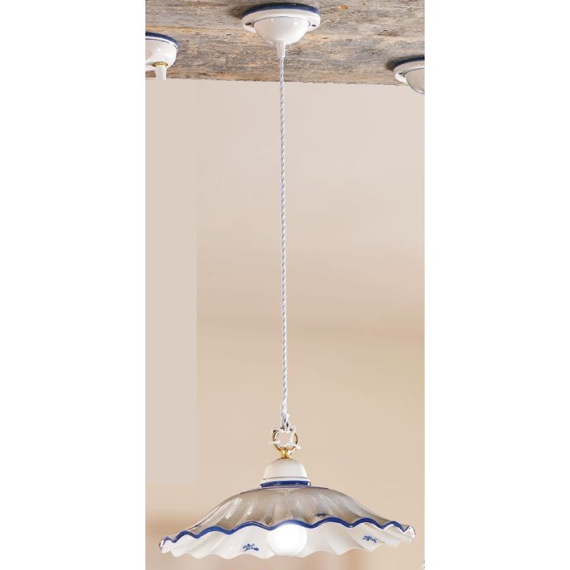 2211.2 SOSPENSIONE SINGOLA RUSTICA D38 CM IN TERRACOTTA BIANCA LUCIDA DECORATA MADE IN ITALY CRISTALENSI CERAMICA - Cristalensi