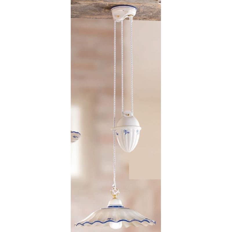 2211.1 SOSPENSIONE SALISCENDI RUSTICA D38 CM IN TERRACOTTA BIANCA LUCIDA DECORATA MADE IN ITALY CRISTALENSI CERAMICA - Cristalen