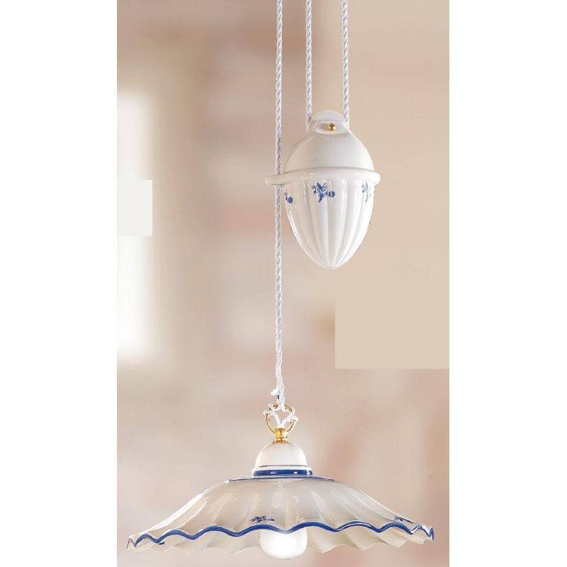 2211.1 SOSPENSIONE SALISCENDI RUSTICA D38 CM IN TERRACOTTA BIANCA LUCIDA DECORATA MADE IN ITALY CRISTALENSI CERAMICA - Cristalen