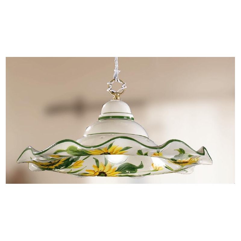 2217.1 SOSPENSIONE SALISCENDI RUSTICA D41 CM IN TERRACOTTA BIANCA DECORATA CON GIRASOLI MADE IN ITALY CRISTALENSI CERAMICA - Cri