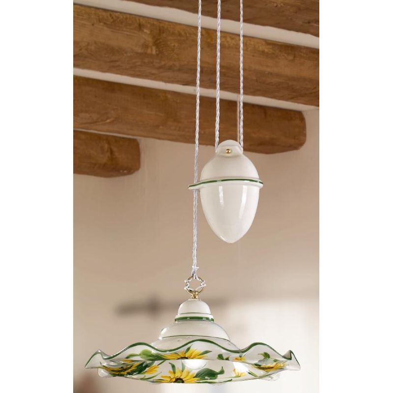 2217.1 SOSPENSIONE SALISCENDI RUSTICA D41 CM IN TERRACOTTA BIANCA DECORATA CON GIRASOLI MADE IN ITALY CRISTALENSI CERAMICA - Cri