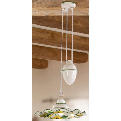 2217.1 SOSPENSIONE SALISCENDI RUSTICA D41 CM IN TERRACOTTA BIANCA DECORATA CON GIRASOLI MADE IN ITALY CRISTALENSI CERAMICA - Cri