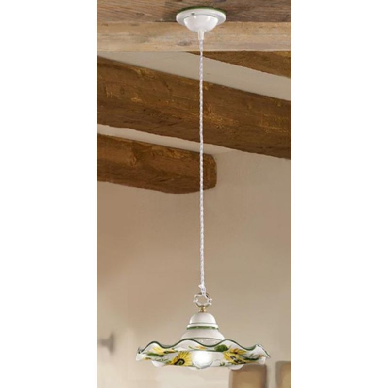 2217.3 SOSPENSIONE SINGOLA RUSTICA D32 CM IN TERRACOTTA BIANCA DECORATA CON GIRASOLI MADE IN ITALY CRISTALENSI CERAMICA - Crista