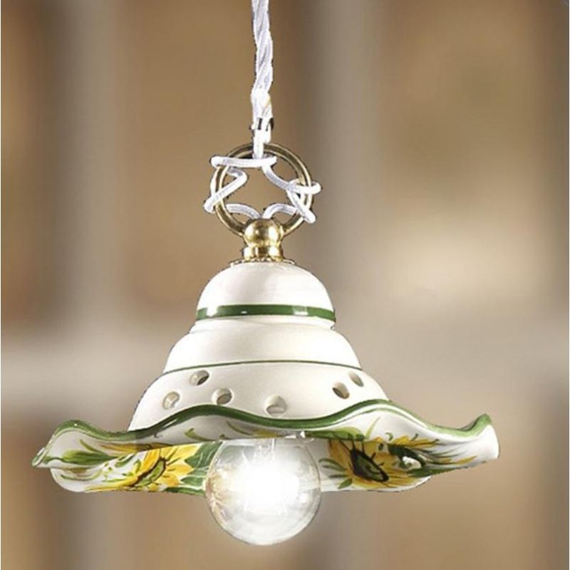 2217.4 SOSPENSIONE SINGOLA RUSTICA D18 CM IN TERRACOTTA BIANCA DECORATA CON GIRASOLI MADE IN ITALY CRISTALENSI CERAMICA - Crista