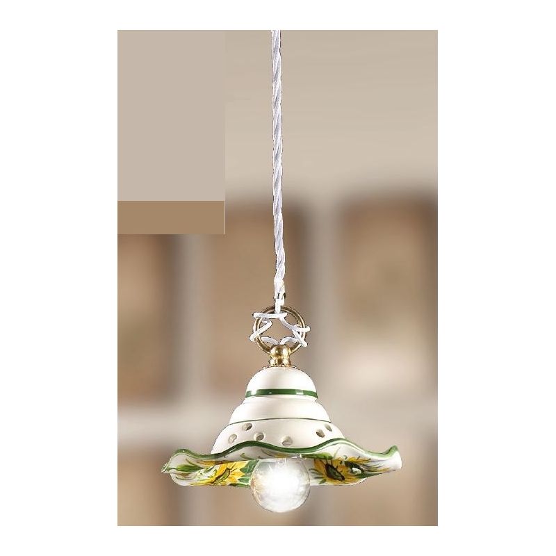 2217.4 SOSPENSIONE SINGOLA RUSTICA D18 CM IN TERRACOTTA BIANCA DECORATA CON GIRASOLI MADE IN ITALY CRISTALENSI CERAMICA - Crista