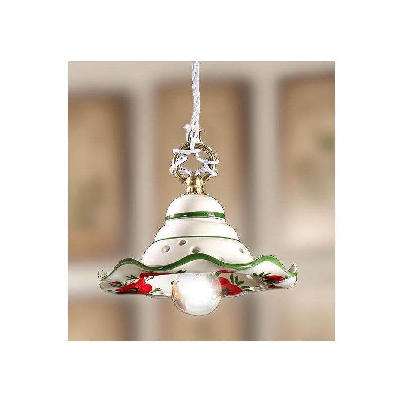 2218.4 SOSPENSIONE SINGOLA RUSTICA D18 CM IN TERRACOTTA BIANCA DECORATA CON TULIPANI ROSSI MADE IN ITALY CRISTALENSI CERAMICA -