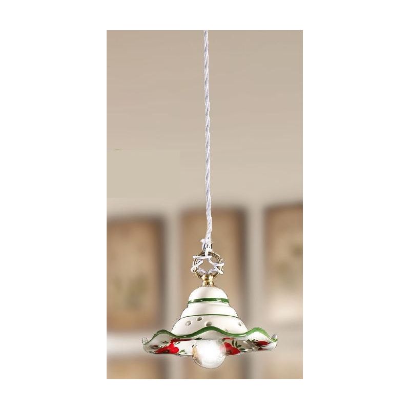 2218.4 SOSPENSIONE SINGOLA RUSTICA D18 CM IN TERRACOTTA BIANCA DECORATA CON TULIPANI ROSSI MADE IN ITALY CRISTALENSI CERAMICA -