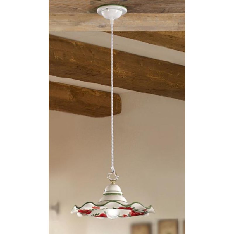 2218.3 SOSPENSIONE SINGOLA RUSTICA D32 CM IN TERRACOTTA BIANCA DECORATA CON TULIPANI ROSSI MADE IN ITALY CRISTALENSI CERAMICA -