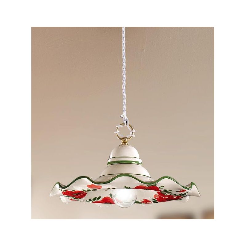 2218.3 SOSPENSIONE SINGOLA RUSTICA D32 CM IN TERRACOTTA BIANCA DECORATA CON TULIPANI ROSSI MADE IN ITALY CRISTALENSI CERAMICA -