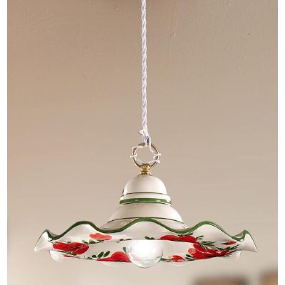 2218.3 SOSPENSIONE SINGOLA RUSTICA D32 CM IN TERRACOTTA BIANCA DECORATA CON TULIPANI ROSSI MADE IN ITALY CRISTALENSI CERAMICA -