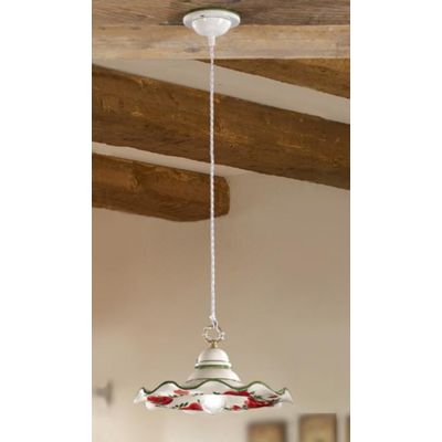 2218.2 SOSPENSIONE SINGOLA RUSTICA D41 CM IN TERRACOTTA BIANCA DECORATA CON TULIPANI ROSSI MADE IN ITALY CRISTALENSI CERAMICA -