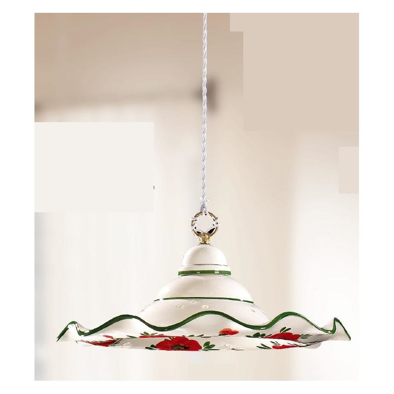 2218.2 SOSPENSIONE SINGOLA RUSTICA D41 CM IN TERRACOTTA BIANCA DECORATA CON TULIPANI ROSSI MADE IN ITALY CRISTALENSI CERAMICA -