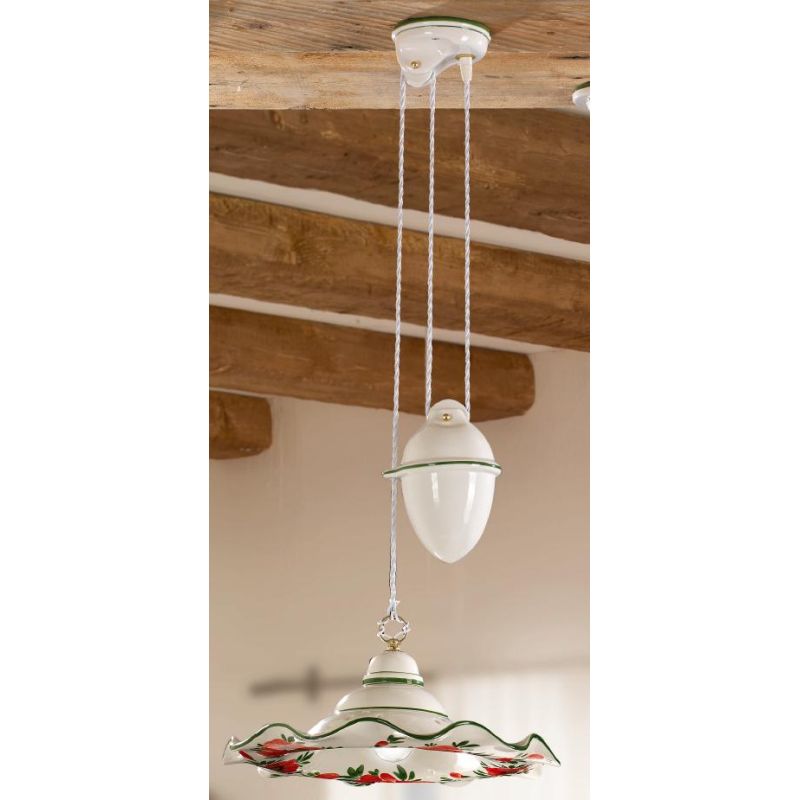 2218.1 SOSPENSIONE SALISCENDI RUSTICA D41 CM IN TERRACOTTA BIANCA DECORATA CON TULIPANI ROSSI MADE IN ITALY CRISTALENSI CERAMICA
