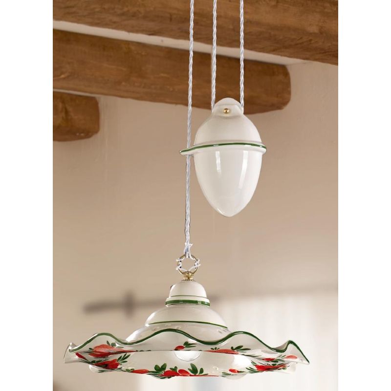 2218.1 SOSPENSIONE SALISCENDI RUSTICA D41 CM IN TERRACOTTA BIANCA DECORATA CON TULIPANI ROSSI MADE IN ITALY CRISTALENSI CERAMICA