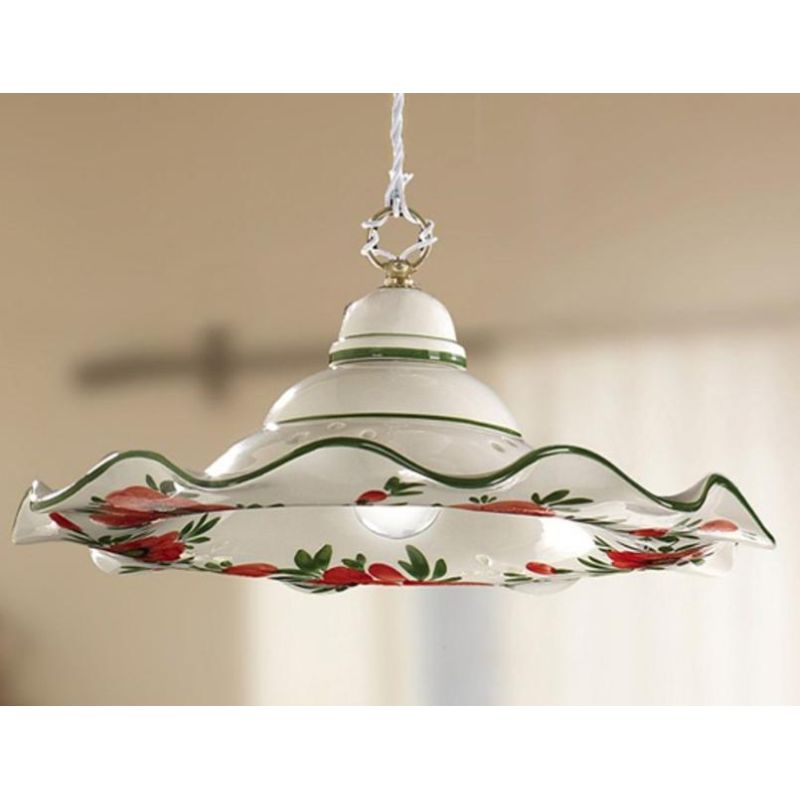 2218.1 SOSPENSIONE SALISCENDI RUSTICA D41 CM IN TERRACOTTA BIANCA DECORATA CON TULIPANI ROSSI MADE IN ITALY CRISTALENSI CERAMICA