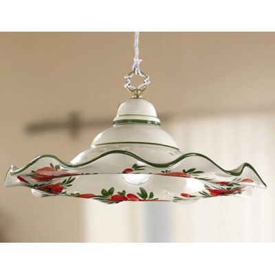 2218.1 SOSPENSIONE SALISCENDI RUSTICA D41 CM IN TERRACOTTA BIANCA DECORATA CON TULIPANI ROSSI MADE IN ITALY CRISTALENSI CERAMICA