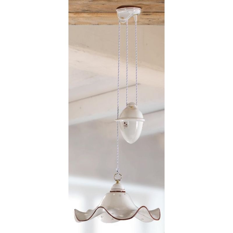 2219.1 SOSPENSIONE SALISCENDI RUSTICA D40 CM IN TERRACOTTA BIANCA CON DECORI FLOREALI MADE IN ITALY CRISTALENSI CERAMICA - Crist
