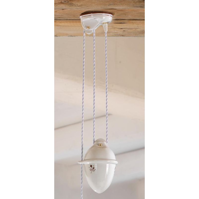 2219.1 SOSPENSIONE SALISCENDI RUSTICA D40 CM IN TERRACOTTA BIANCA CON DECORI FLOREALI MADE IN ITALY CRISTALENSI CERAMICA - Crist