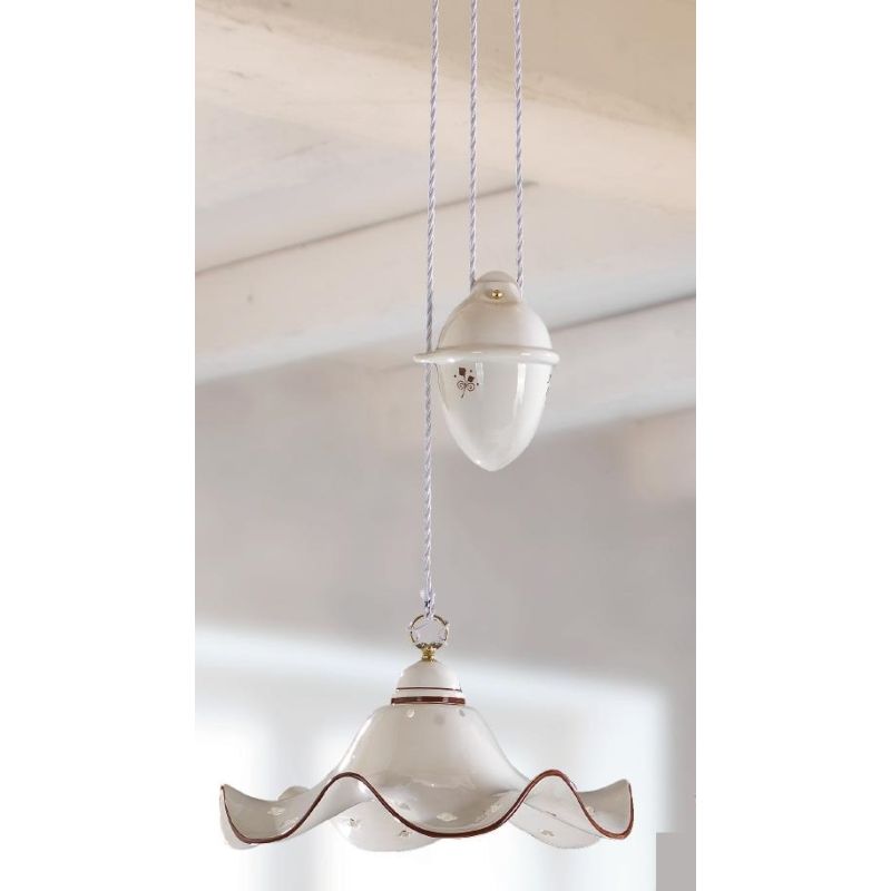 2219.1 SOSPENSIONE SALISCENDI RUSTICA D40 CM IN TERRACOTTA BIANCA CON DECORI FLOREALI MADE IN ITALY CRISTALENSI CERAMICA - Crist