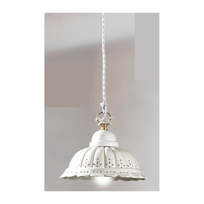 2220.4 SOSPENSIONE SINGOLA RUSTICA D22 CM IN TERRACOTTA BIANCA TRAFORATA A MERLETTO MADE IN ITALY CRISTALENSI CERAMICA - Cristal