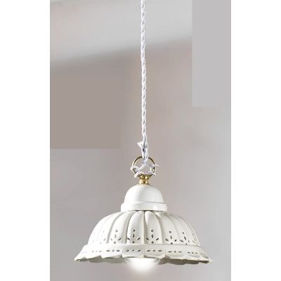 2220.4 SOSPENSIONE SINGOLA RUSTICA D22 CM IN TERRACOTTA BIANCA TRAFORATA A MERLETTO MADE IN ITALY CRISTALENSI CERAMICA - Cristal