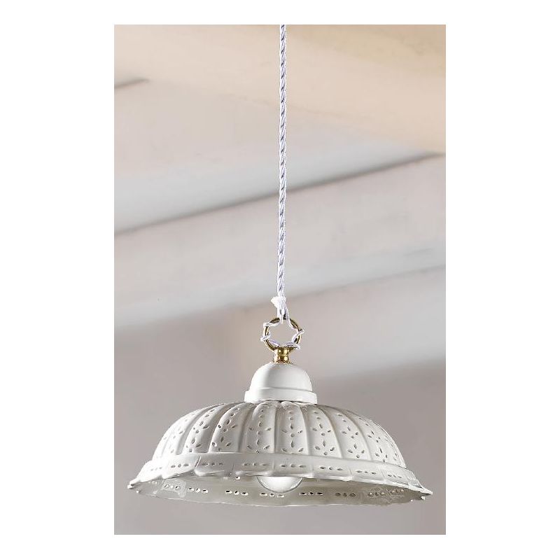 2220.3 SOSPENSIONE SINGOLA RUSTICA D32 CM IN TERRACOTTA BIANCA TRAFORATA A MERLETTO MADE IN ITALY CRISTALENSI CERAMICA - Cristal