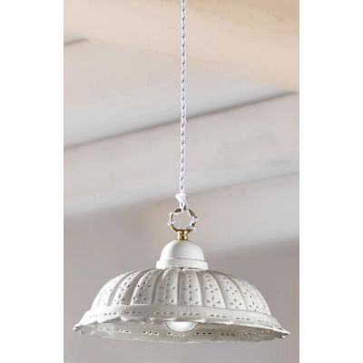 2220.3 SOSPENSIONE SINGOLA RUSTICA D32 CM IN TERRACOTTA BIANCA TRAFORATA A MERLETTO MADE IN ITALY CRISTALENSI CERAMICA - Cristal