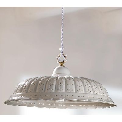2220.2 SOSPENSIONE SINGOLA RUSTICA D42 CM IN TERRACOTTA BIANCA TRAFORATA A MERLETTO MADE IN ITALY CRISTALENSI CERAMICA - Cristal