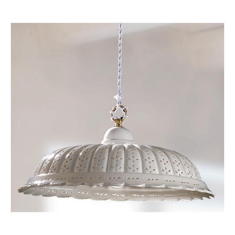 2220.1 SOSPENSIONE SALISCENDI RUSTICA D42 CM IN TERRACOTTA BIANCA TRAFORATA A MERLETTO MADE IN ITALY CRISTALENSI CERAMICA - Cris