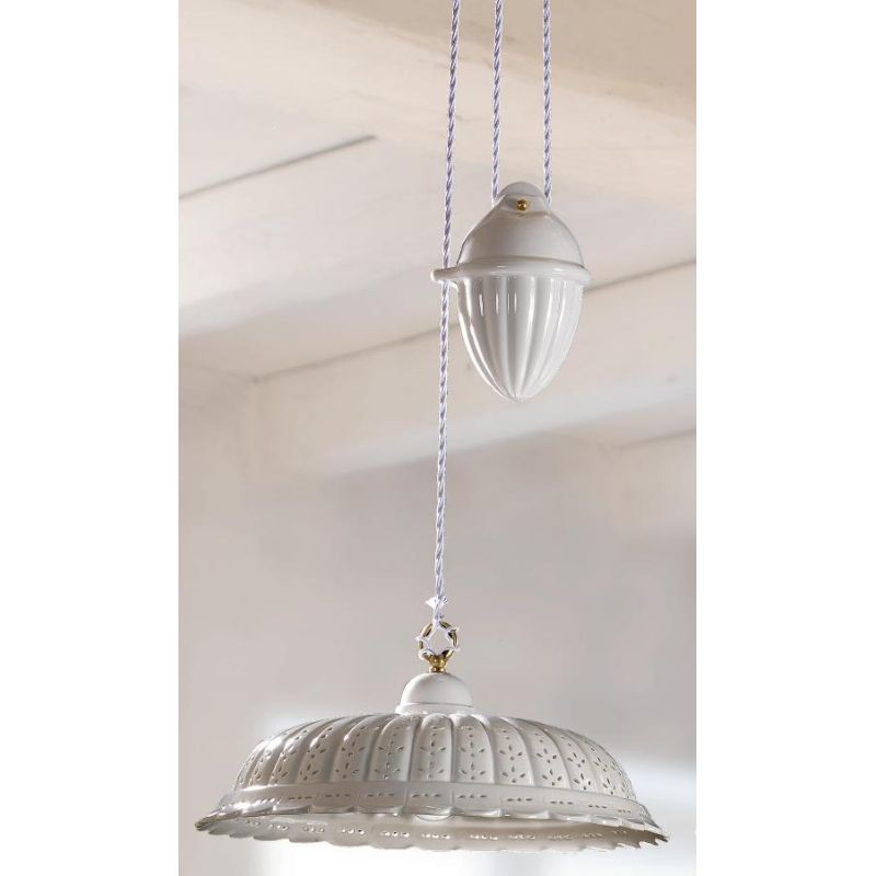 2220.1 SOSPENSIONE SALISCENDI RUSTICA D42 CM IN TERRACOTTA BIANCA TRAFORATA A MERLETTO MADE IN ITALY CRISTALENSI CERAMICA - Cris