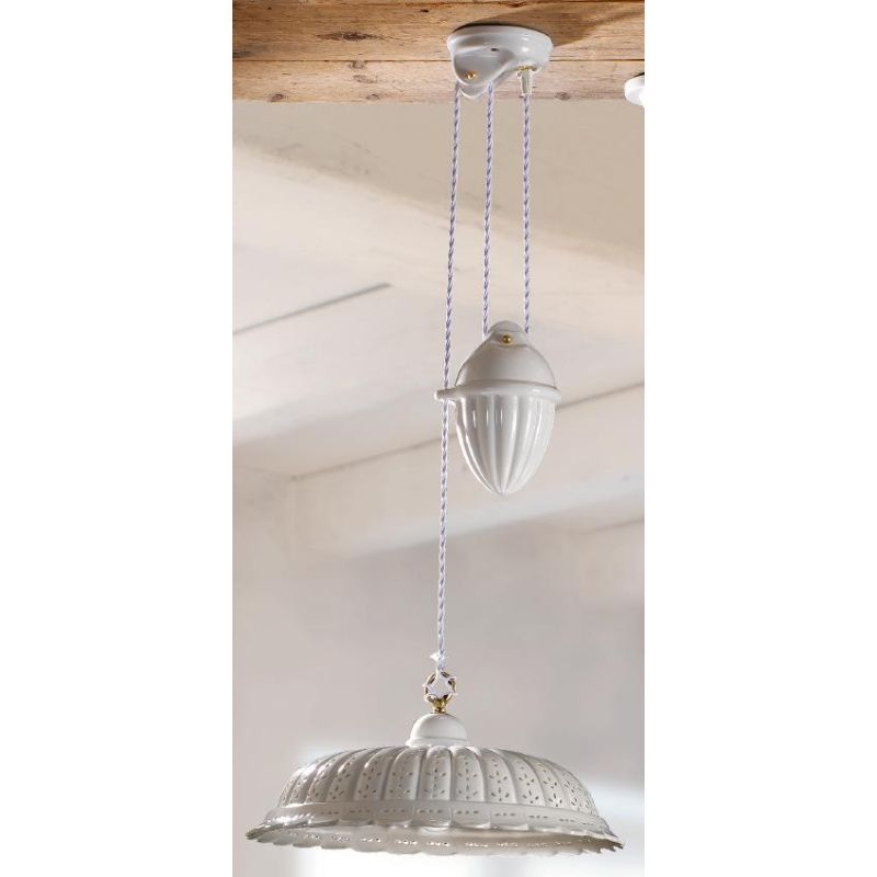 2220.1 SOSPENSIONE SALISCENDI RUSTICA D42 CM IN TERRACOTTA BIANCA TRAFORATA A MERLETTO MADE IN ITALY CRISTALENSI CERAMICA - Cris