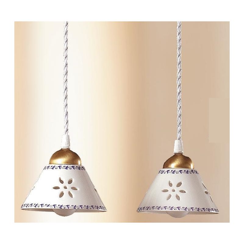 2025.5 SOSPENSIONE RUSTICA 2 LUCI IN TERRACOTTA BIANCA TRAFORATA CON MOTIVI FLOREALI MADE IN ITALY CRISTALENSI CERAMICA - Crista