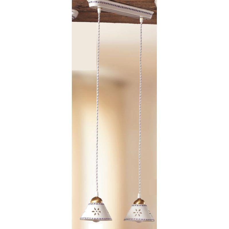 2025.5 SOSPENSIONE RUSTICA 2 LUCI IN TERRACOTTA BIANCA TRAFORATA CON MOTIVI FLOREALI MADE IN ITALY CRISTALENSI CERAMICA - Crista