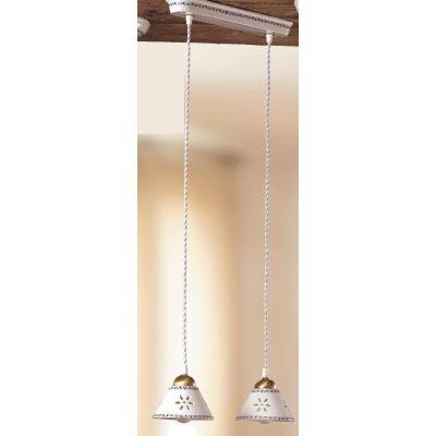 2025.5 SOSPENSIONE RUSTICA 2 LUCI IN TERRACOTTA BIANCA TRAFORATA CON MOTIVI FLOREALI MADE IN ITALY CRISTALENSI CERAMICA - Crista
