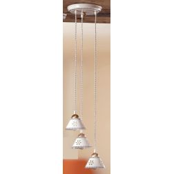 2025.6 SOSPENSIONE ROTONDA RUSTICA 3 LUCI IN TERRACOTTA BIANCA TRAFORATA CON MOTIVI FLOREALI MADE IN ITALY CRISTALENSI CERAMICA