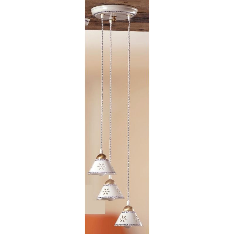 2025.6 SOSPENSIONE ROTONDA RUSTICA 3 LUCI IN TERRACOTTA BIANCA TRAFORATA CON MOTIVI FLOREALI MADE IN ITALY CRISTALENSI CERAMICA