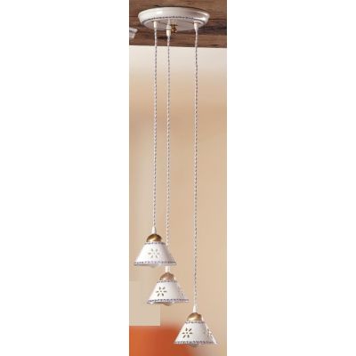 2025.6 SOSPENSIONE ROTONDA RUSTICA 3 LUCI IN TERRACOTTA BIANCA TRAFORATA CON MOTIVI FLOREALI MADE IN ITALY CRISTALENSI CERAMICA