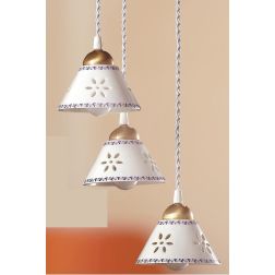2025.6 SOSPENSIONE ROTONDA RUSTICA 3 LUCI IN TERRACOTTA BIANCA TRAFORATA CON MOTIVI FLOREALI MADE IN ITALY CRISTALENSI CERAMICA 2
