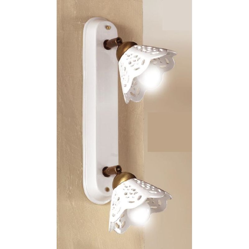 2037.2 APPLIQUE PLAFONIERA 2 LUCI IN TERRACOTTA BIANCA TRAFORATA E OTTONE STILE RUSTICO MADE IN ITALY CRISTALENSI CERAMICA - Cri
